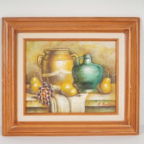 R. Benton, Oil on Canvas Still-Life Painting, Pears and Pottery, Signed