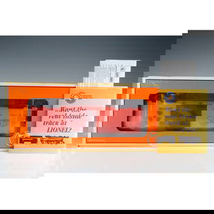 Lionel Boxcar Train, AEC Radioactive Glow 9700-GLO with Box: Lionel model 9700-GLO boxcar featuring vivid red-orange body with glow-in-the-dark finish, prominently marked AEC (Atomic Energy Commission) and RADIOACTIVE logos on each side. Labeled "BLT 2000" by L