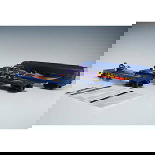3pc Lionel Hot Rod Series Flatcar & Passenger Car Set: A vibrant 3-piece Lionel train set from the Hot Rod Series, featuring two 6424 flatcars and a matching passenger car. Each flatcar carries a die-cast vehicle: one with a stylized dragster and the othe