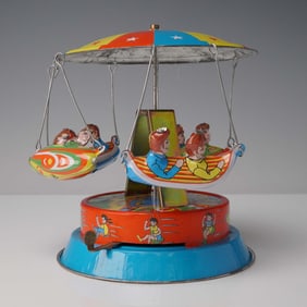 Vintage Tin Carousel Toy with Spring Lever and Original Box