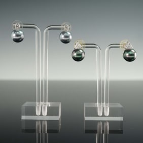 2 Pairs of Black Pearl and Cubic Zirconia Earrings