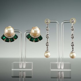 2 Pairs of Faux Pearl and Rhinestone Earrings