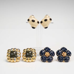 3pc Clip-On Earrings Lot with Enamel and Stone Accents