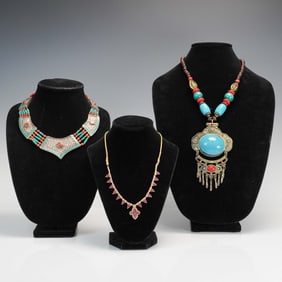 3pc Ethnic Jewelry Lot with Coral, Turquoise, and Headpiece