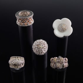 5pc Starling Silver and Silver Tone Rings with Rhinestone Embellishments