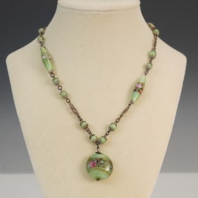 Green Glass Beaded Necklace with Floral Pendant