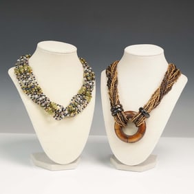 2pc Beaded Necklaces with Wood and Enamel Accents