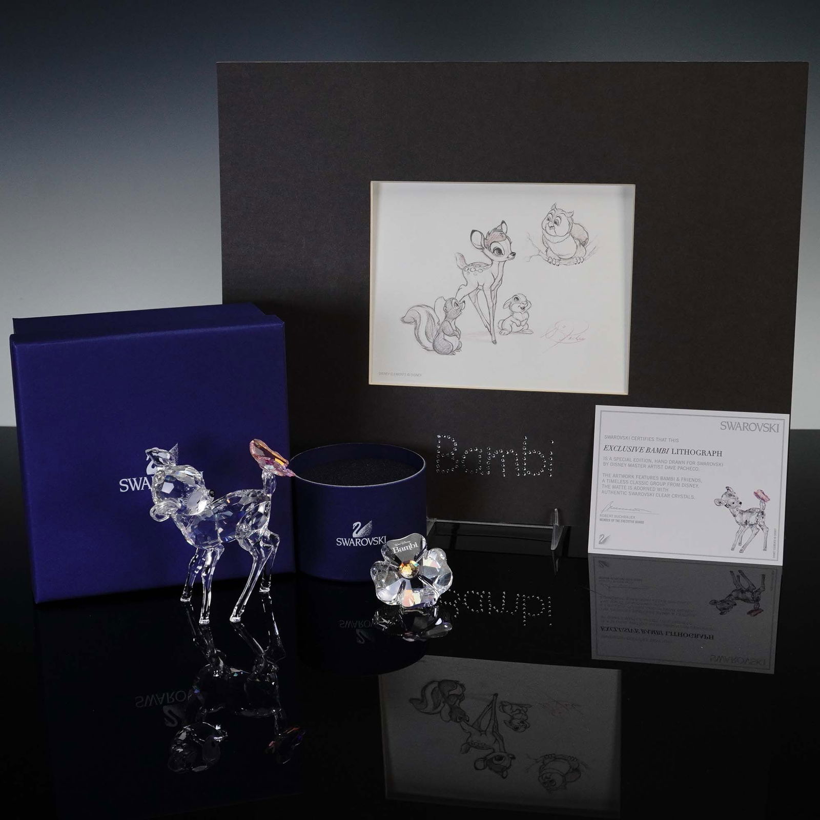 3pc Swarovski Crystal Bambi Figurine with Plaque and Lithograph