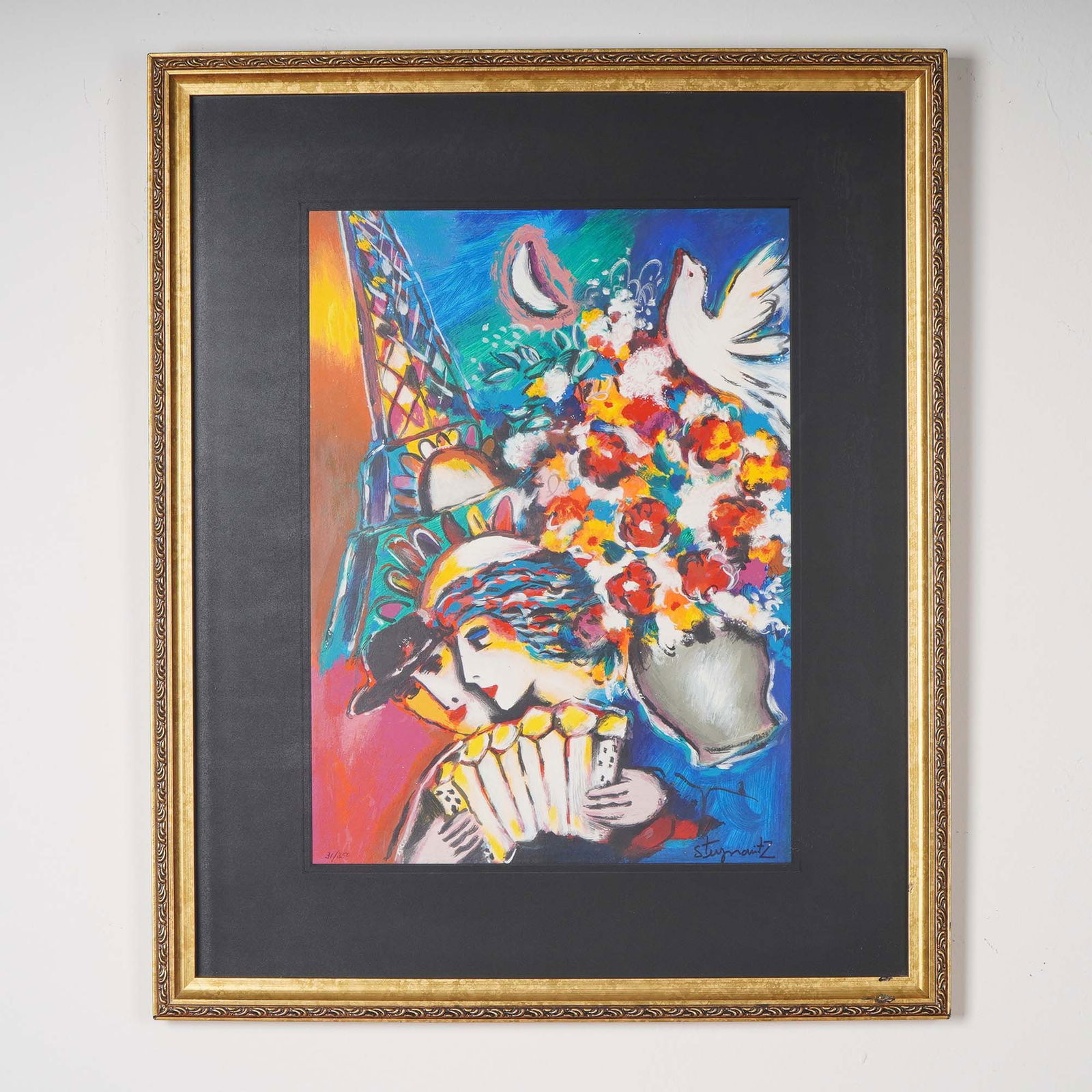 Zamy Steynovitz, Embellished Serigraph, Parisian Lovers w/ Eiffel Tower (1 of 4)