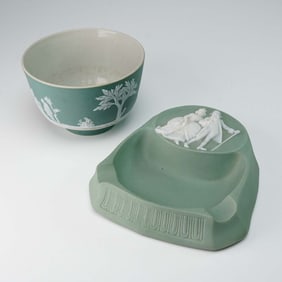 2pc Wedgwood Sage Green Jasperware Bowl and Ashtray