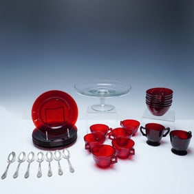 28pc Red and Clear Glass Tableware Set