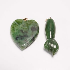 2pc Carved Jade Figa Hand and Heart-Shaped Pendants