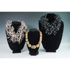 3pc Group of Statement Necklaces, Looped Ribbon and Polished Agate