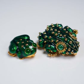 2pc Nat Landau Hyman Frog Brooch Lot, Green Enamel