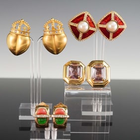 4 Pairs of Designer Clip-On Earrings, Rhinestone, Enamel & Cabochon Accents