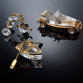 3pc Swarovski Crystal Figurines, Tricycle, Automobile, and Row Boat