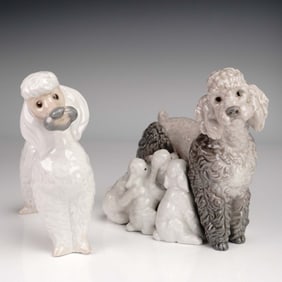 2pc Lladro Porcelain Figurines, Mother with Pups 1001257 and White Poodle