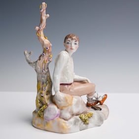 Porcelain Figurine, Boy Seated by Tree Trunk