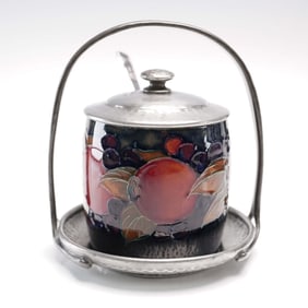 Moorcroft Jam Pot with Tudric Pewter Mounts, Pomegranate Pattern