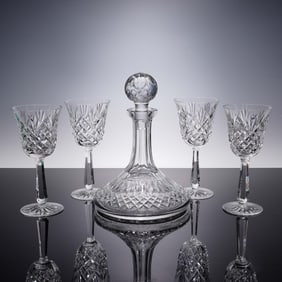 5pc Waterford Crystal Drogheda Cut Water Goblets & Decanter Set