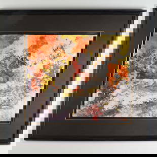 Josef Jackerson, Original Abstract Watercolor on Paper: Dynamic abstract watercolor painting on paper by Josef Jackerson, mounted under glass in a black and gold-accented frame. The composition features a vivid interplay of expressive color and form, blend