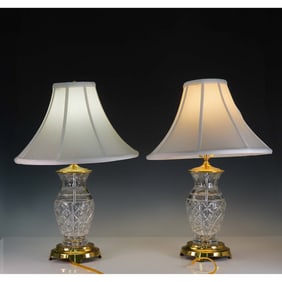 Pair of Waterford Crystal Table Lamps with Tapered Fabric Shades