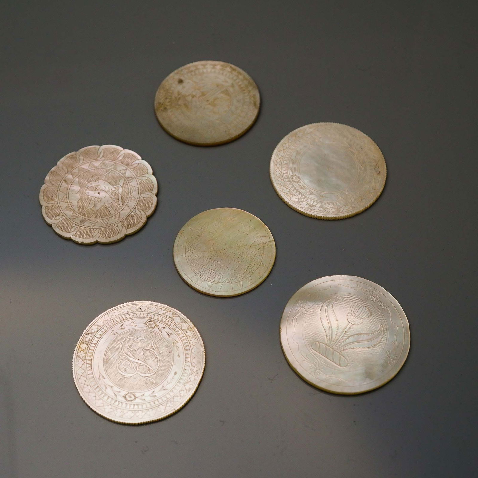 6pc Chinese Carved Mother of Pearl Gaming Chips (1 of 7)