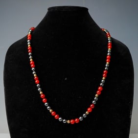 Vintage Carnelian Agate and Hematite and 14K Yellow Gold Beaded Necklace