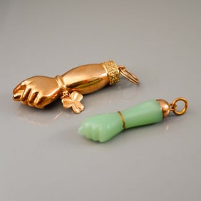 2pc Brazilian Figa Hand Amulets, 18K Gold & Semi-Precious Stone