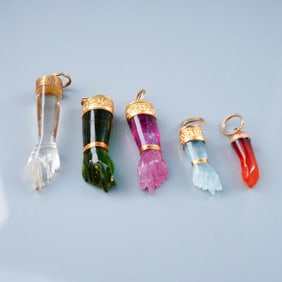 5pc Brazilian Figa Hand Amulets, Semi-Precious Stones with Gold Mounts