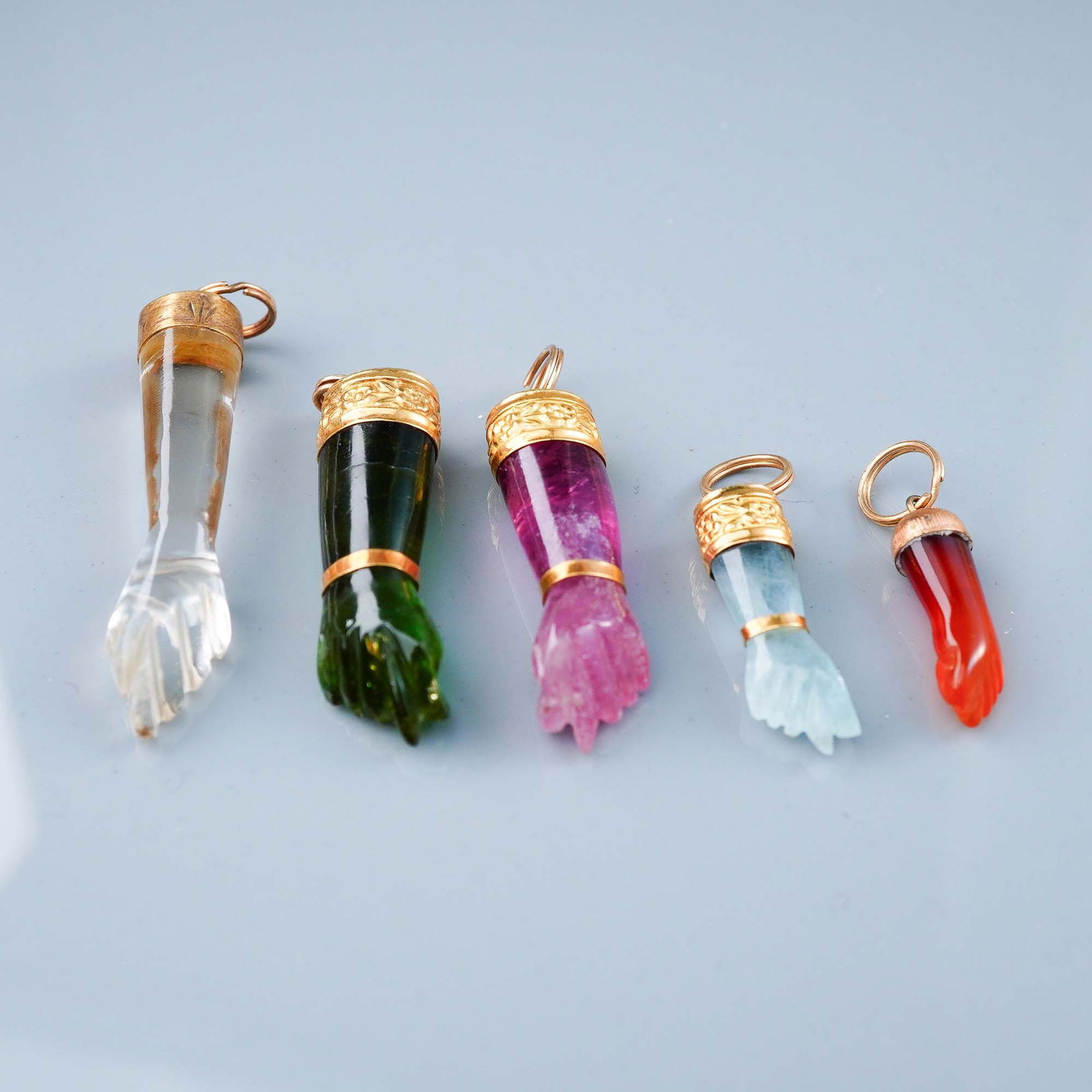 5pc Brazilian Figa Hand Amulets, Semi-Precious Stones with Gold Mounts (1 of 7)