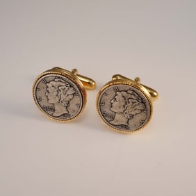 2pc Mercury Dime Gold-Tone Cufflinks, 1935 & 1941