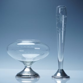 2pc Duchin Sterling Silver Base Glass Vases