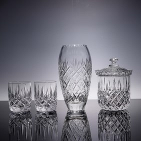 5pc Mixed Crystal Glass Lot - Vase, Biscuit Jar w/Lid and Tumblers