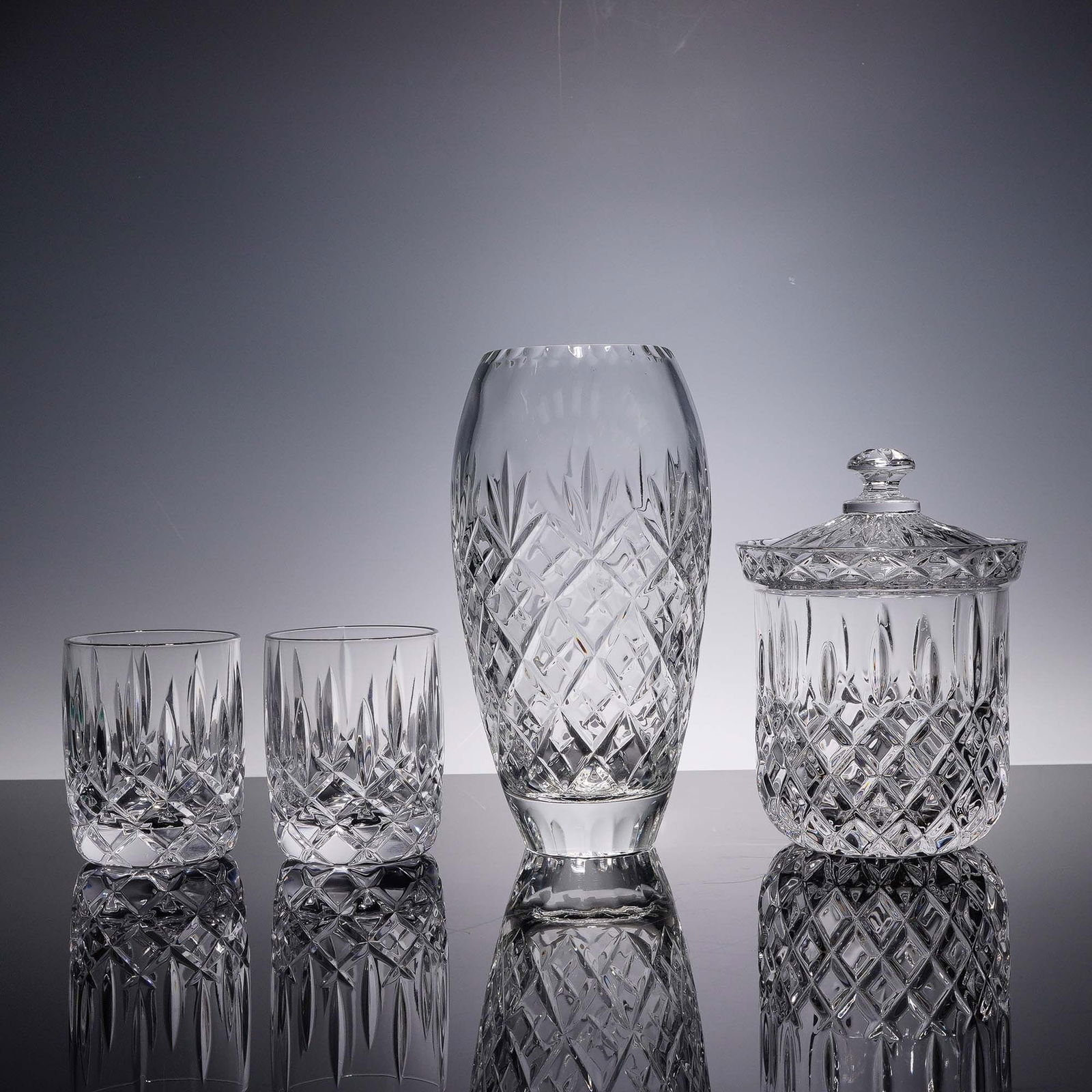 5pc Mixed Crystal Glass Lot - Vase, Biscuit Jar w/Lid and Tumblers (1 of 5)