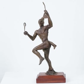 Jud Hartmann, Bronze Sculpture Native American Lacrosse Player, Signed