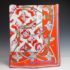 Louis Vuitton Silk Scarf, Red Monogram and Buckle Print