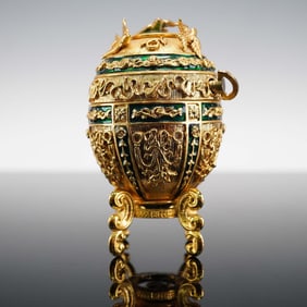 Faberge Style Musical Egg Figurine with Birds and Green Enamel