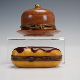 2pc Limoges France Porcelain Trinket Boxes, Eclair and Cheese Dome