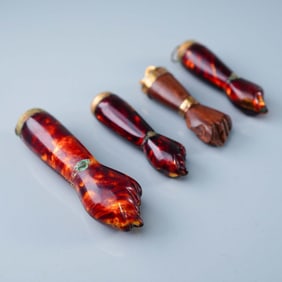 4pc Brazilian Figa Hand Amulets, Hand-Carved Wood & Amber Color Resin
