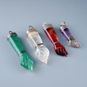 4pc Hand-Carved Brazilian Figa Hand Pendants w/ Silver Mounts