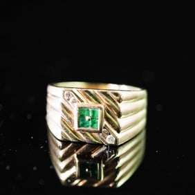 14K Gold Men's Ring with Invisibly-Set Emeralds and Diamond Accents