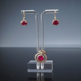 3pc Ruby & Diamond Jewelry Set: 14K Earrings & 18K Pendant