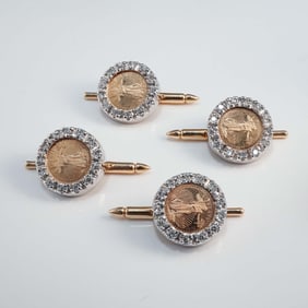 4pc Liberty Coin Cufflinks, Diamond Accents