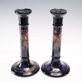 2pc Moorcroft Pottery Candlestick Holders, Pomegranate Pattern
