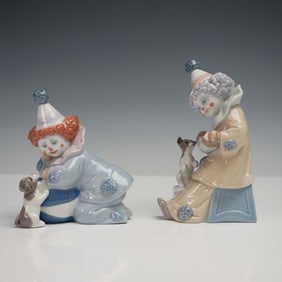 2pc Lladro Porcelain Figurines Pierrot with Concertina & Pierrot with Puppy