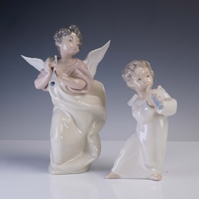 2 pc Lladro Porcelain Figurines Angels Playing Flutes
