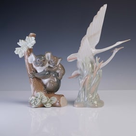 2pc Lladro and NAO Porcelain Figurines, Koalas and Cranes