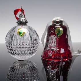 2pc Waterford Crystal Ornaments, 2013 Signed Ball and Red Bell with Boxes
