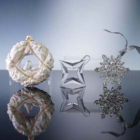 3pc Christmas Ornament Grouping, Orrefors, Orange Howell